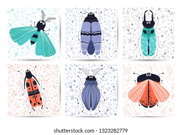 Set of cards with vector cute cartoon bug or beetle, flat and doodles, scandinavian style. white background. Ideal for print, greeting card, nursery poster 