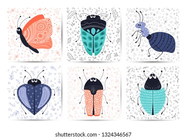 Set of cards with vector cute cartoon bug or beetle, flat and doodles, scandinavian style. white background. Ideal for print, greeting card, nursery poster 