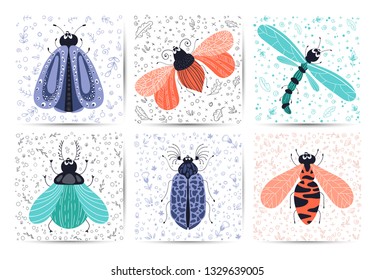 Set of cards with vector cute cartoon bug or beetle, butterfly, flat and doodles, scandinavian style. white background. Ideal for print, greeting card, nursery poster 