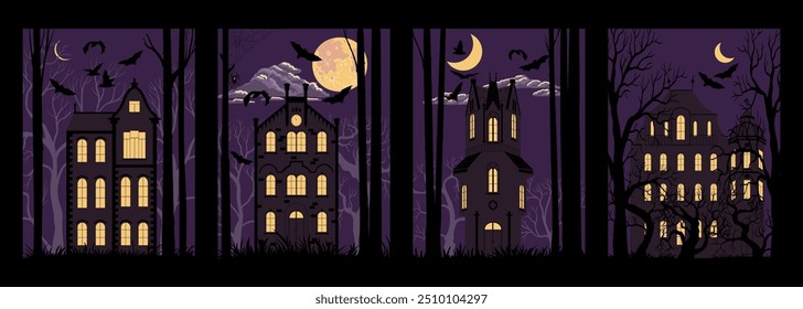 set of cards, vector drawing halloween night house in spooky forest with moon and bats, horror mansions, cover designs, invitation templates, hand drawn illustration