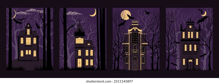 Kartensatz, Vektorgrafik Halloween Nachthaus in unheimlichem Wald mit Mond und Fledermäusen, Horror Villen, Cover Designs, Einladungsvorlagen, handgezeichnete Illustration