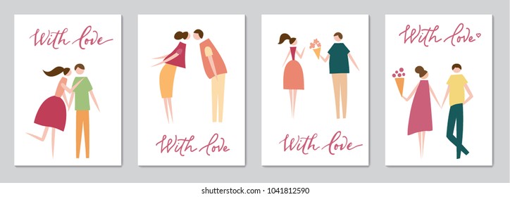 Set of cards with vector illustration of couple in love and lettering. Silhouette of romantic people characters. Cartoon flat vector design for logo, print, card, flyer, fabric, poster. 