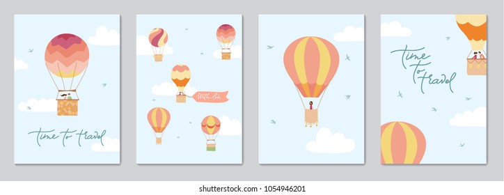 Set of cards with vector illustration of hot air balloon with banner for lettering on blue sky with birds. Isolated flat cartoon air balloon with people. For print, card, flyer, poster.