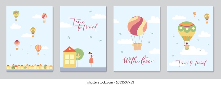 Set of cards with vector illustration of landscape with hot air balloons in blue sky in town. Isolated flat cartoon air balloons, houses, trees, street. Hand drawn for print, card, flyer, poster.