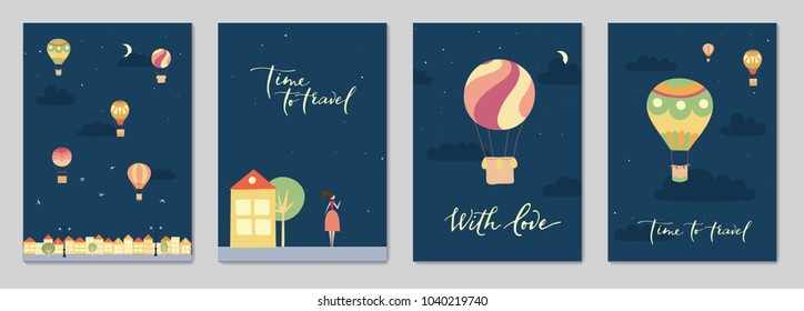 Set of cards with vector illustration of landscape with hot air balloons in night sky in town. Isolated flat cartoon air balloons, houses, trees, street. Hand drawn for print, card, flyer, poster.