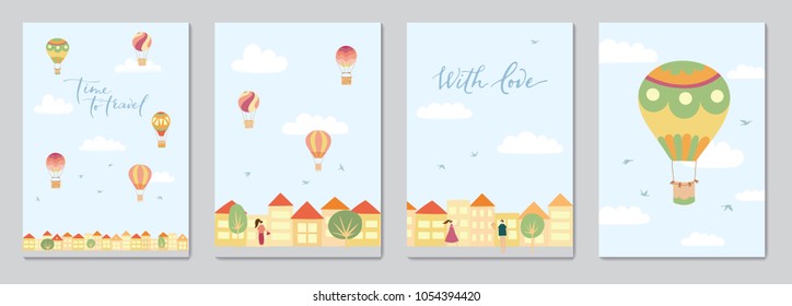 Set of cards with vector illustration of landscape with hot air balloons in blue sky in town. Isolated flat cartoon air balloons, houses, trees, street. Hand drawn for print, card, flyer, poster.