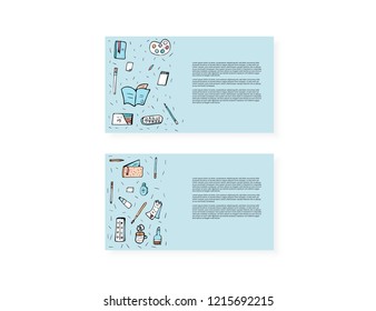 Set of cards of vector office supplies. Collection of stationery in doodle style templates. 