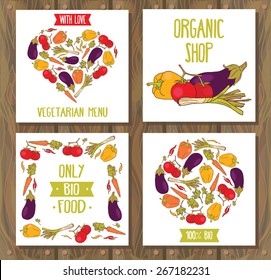 set of cards with vegetables, can be used for vegan cafe, farmers market of vegetarian foods shop, vector illustration