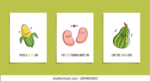 Set of cards with veggies and funny phrases. Puns with cute corn, bean and gourd. Kawaii drawing of vegetables Punny veggies