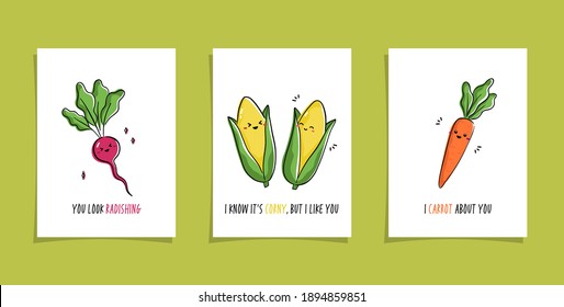 Set of cards with veggies and funny phrases. Puns with cute radish; corns and carrot. Kawaii drawing of vegetables Punny veggies