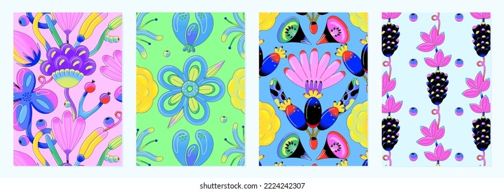 Set of cards with vibrant floral patterns. Contemporary bright vector flowers with black outline. Baloon style. Modern art. Cover of notebooks or books, posters, invitations
