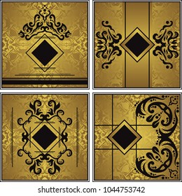 Set of cards with vintage floral elements. Golden design       