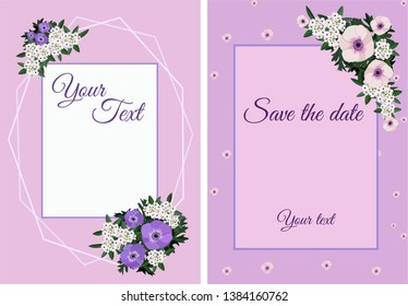 Set of cards with violet and white poppy flowers, alyssum and  leaves. Wedding ornament concept. Vector decorative greeting card or invitation design background