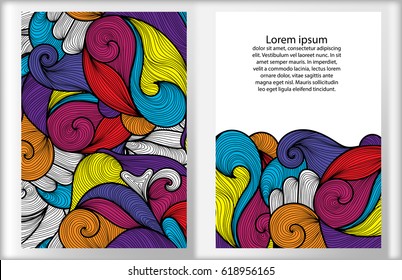Set of cards, vivid background with colorful ornament. Hand draw illustration. Sea waves or clouds motif  for banners, cards, posters, invitation designs. Vector template.