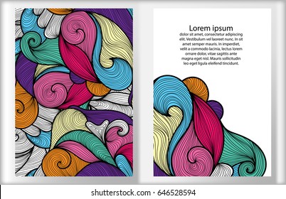 Set of cards, vivid background with colorful ornament. Hand draw illustration. Sea waves or clouds motif for banners, cards, posters, invitation designs. Vector template.