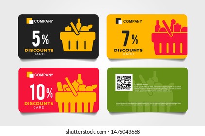 Set Of Cards, Vouchers For Grocery Store With Shopping Basket Pictogram Full Of Meal Goods, Simple Mordern Graphic