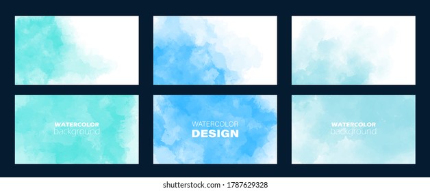 Set of cards with watercolor background. Bluish collection of poster, flyer, business card, wedding invitation template. Vector illustration. Hand drawn blots, splash on white paper. Save the date.