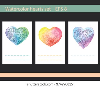 Set of cards with watercolor hand drawn vector hearts