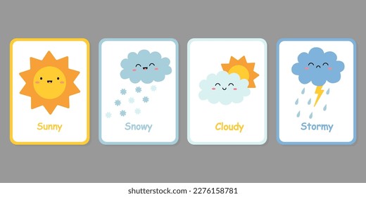 Set of cards with weather elements. Cute cartoon sun and clouds. Childrens cards for learning. Vector illustration.