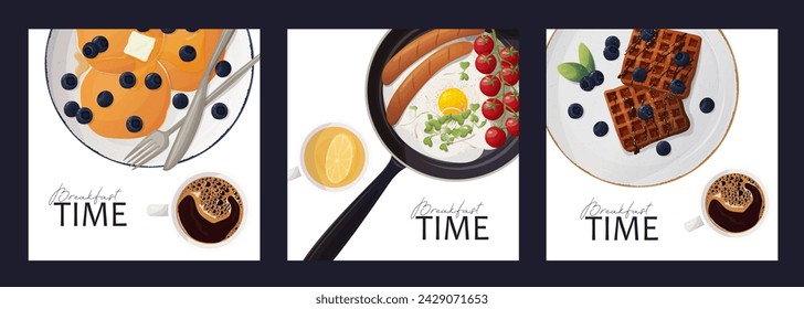 Set of cards. Web banner. Breakfast time. Eggs, sandwich, croissant, waffle with fruit, vegetables, fruit. Advertising flyer. Vector illustration