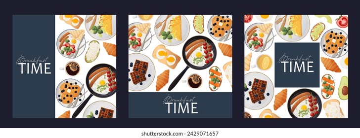 Set of cards. Web banner. Breakfast time. Eggs, sandwich, croissant, waffle with fruit, vegetables, fruit. Advertising flyer. Vector illustration