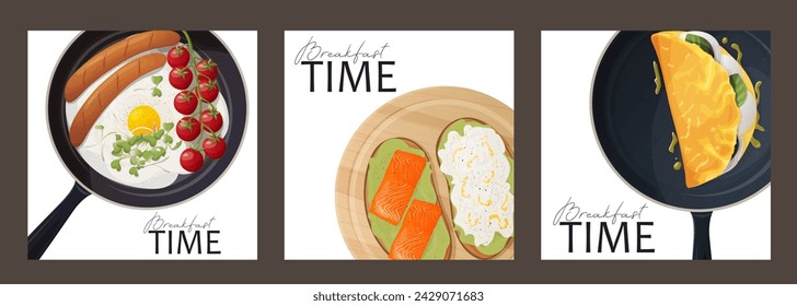 Set of cards. Web banner. Breakfast time. Eggs, sandwich, croissant, waffle with fruit, vegetables, fruit. Advertising flyer. Vector illustration