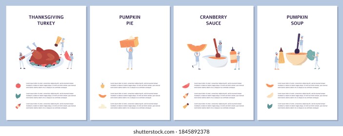 Set Of Cards Or Web Banners With Autumn Recipes Of Thanksgiving Or Halloween Meals, Flat Vector Illustration On White Background. Ingredients Of Festive Autumn Dinner.