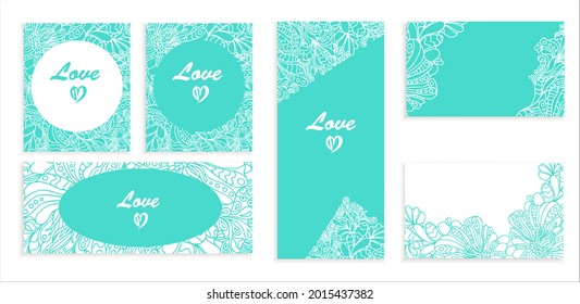 A set of cards for the wedding in blue and white. Wedding invitations and cards with abstract floral background in zen tangle style. Vector image, line art