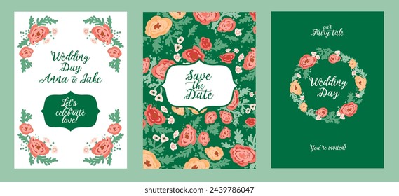 Set of cards for wedding day in cottagecore style, vector illustration