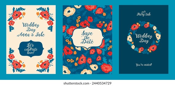 Set of cards for wedding day in cottagecore style, vector illustration