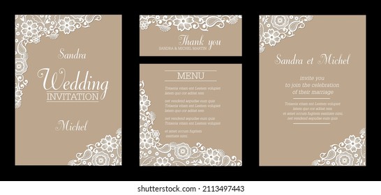 Set of cards for a wedding - invitation, announcement, thank you and menu - decorated with white lace on a background of beige recycled paper - English text. 