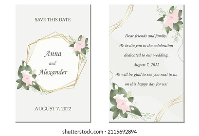 A set of cards for a wedding invitation, RSVP, menu, date saving. Postcards with flowers and wedding design. Vector