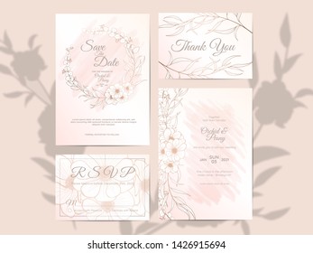 Set of Cards with Wedding Ornament. Invitation Design Concept. Floral Outlined Stylish Style with Watercolor Background