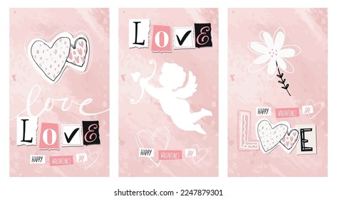 Set of cards for wedding, Valentine s day, template for social media stories. Cupid, flower, two hearts on a pink background, word love, vector collage. Anniversary card, date, dating site app.