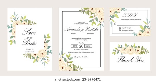 Satz Karten mit weißen Rosen. Konzept für Hochzeitsschmuck. Blumenposter, einladen.