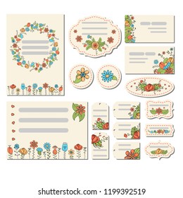 Set of cards whith cute simple floral design. Doodle flower collection