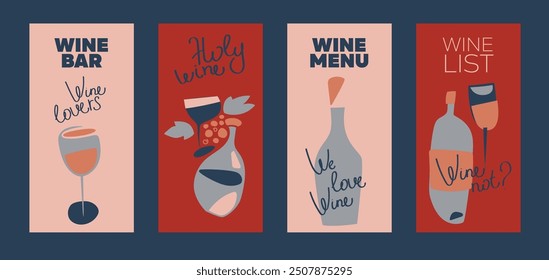 Set of cards for wine bar and shop, can be used as wine party invitation, vector illustration