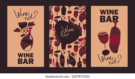 Set of cards for wine bar and shop, can be used as wine party invitation, vector illustration