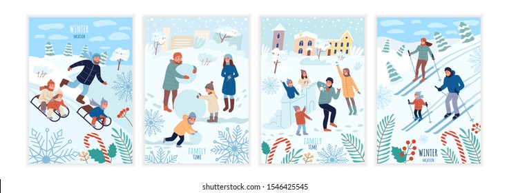 Set of cards. Winter activities of parents and children. Funny characters and atmosphere of winter holiday. Cheerful Family Spare Time. Winter vacation cards, banners. Flat Cartoon Vector Illustration