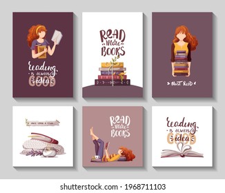 Set of cards withreading women, books, lettering. Bookstore, bookshop, library, book lover, bibliophile, education concept. Vector illustration for poster, banner, card, postcard.