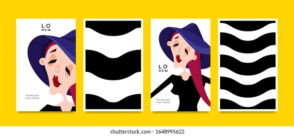 Set of cards. Woman and geometric pattern. Applicable for magazine covers, outdoor prints, ads and prints in the beauty industry. Vector illustration.