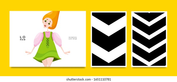 Set of cards. Woman and geometric pattern. Applicable for magazine covers, outdoor prints, ads and prints in the beauty industry.