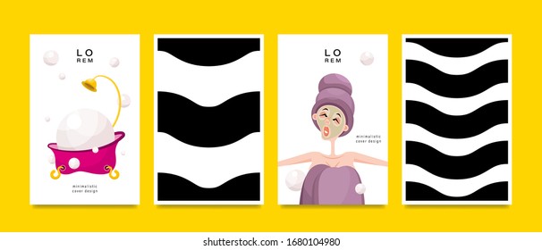 Set of cards. Woman and geometric pattern. Applicable for magazine covers, outdoor prints, ads and prints in the beauty industry.