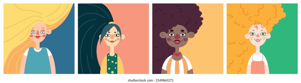 A set of cards with women, girls of different nationalities, showing hair, hairstyles. Image of different types of hair: dark, light, red, straight and curly. Vector illustration.