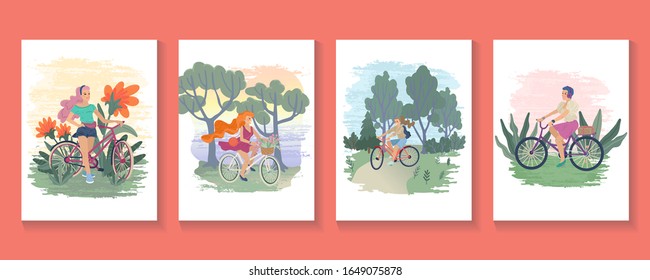 Set of cards with women riding bikes. Active lifestyle with bicycle. Sport, active women. Eco transport concept collection. Summer ourdoor activity. Isolated on white background. Vector illustration