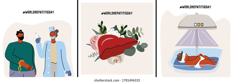 Set cards for World Hepatitis Day. Nurse and patient. The concept of a healthy and blooming liver. Phototherapy of newborns for hepatitis. Vector flat illustration in cartoon style with hashtag WHO.