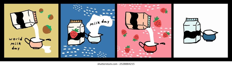 set of cards - World Milk Day. Happy Milk Day background with strawberry and nuts. childish naive vector illustration.