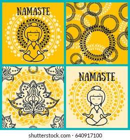 set of cards for yoga and abstract seamless patterns in indian style, vector illustration