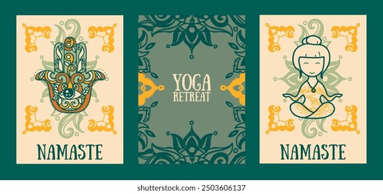 Set of cards for yoga retreat, hand drawn style vector illustration