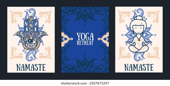 Set of cards for yoga retreat, hand drawn style vector illustration